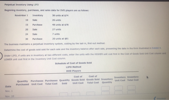 Sale Purchase Perpetual Inventory Using LIFO Beginning inventory, purchases, and sales data for DVD players are as follows: N