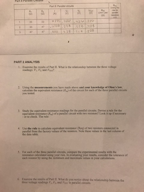 Part II: Parallel circuits Reg V(Ohm Law) paralei (a) cators) 47 0101 228 12 22 47 PART 2 ANALYSIS Examine the results of Part II. What is the relationship between the three voltage readings: Vi, V2, and VTOT? 1. 2. Using the measurements you have made above and your knowledge of Ohms law te the equivalent resistance (R) of the circuit for each of the three parallel circuits you tested 3. Study the equivalent resistance readings for the parallel circuits. Devise a rule for the equivalent resistance (Ra) of a parallel circuit with two resistors? Look it up if necessary - or to check. The rule: Use the rule to calculate equivalent resistance (Req) of two resistors connected in parallel from the factory values of the resistors. Note these values in the last column of the data table. 4. 5. For each of the three parallel circuits, compare the experimental results with the resistance calculated using your rule. In evaluating your results, consider the tolerance of each resistor by using the minimum and maximum values in your calculations Examine the results of Part II. What do you notice about the relationship between the three voltage readings Vi, , and Vror in parallel circuits. 6.