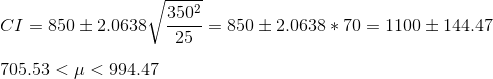 \\CI =850 \pm 2.0638\sqrt{\frac{350^2}{25}} = 850 \pm 2.0638*70 = 1100 \pm 144.47\\ \\705.53 <\mu < 994.47