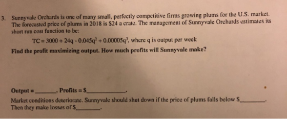 3. Sunnyvale Orchards is one of many small, perfectly competitive firms growing plums for the U.S. market. The forecasted pri