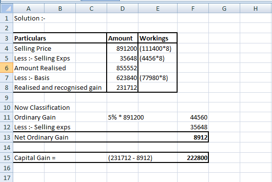 A В C D Е F G Н 1 Solution 2 Amount Workings 891200 (111400*8) 35648 (4456 8) 3 Particulars 4 Selling Price 5 Less:- Selling
