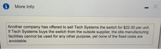 * More Info Another company has offered to sell Tech Systems the switch for $22.00 per unit. If Tech Systems buys the switch