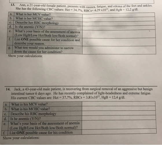 13. Ann, She has the following CBC values: Hct a. What is her MCV value? a 21-year-old female patient, presents with nausea,