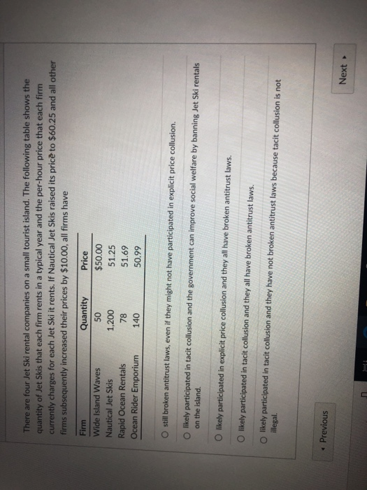 There are four Jet Ski rental companies on a small tourist island. The following table shows the quantity of Jet Skis that each firm rents in a typical year and the per-hour price that each firm currently charges for each Jet Ski it rents. If Nautical Jet Skis raised its price to $60.25 and all other firms subsequently increased their prices by $10.00, all firms have Firm Wide Island Waves Nautical Jet Skis Quantity 50 1,200 78 140 Price $50.00 51.25 51.69 50.99 Rapid Ocean Rentals Ocean Rider Emporium en antitrust laws, even if they might not have participated in explicit price collusion. O likely participated in tacit collusion and the government can improve social welfare by banning Jet Ski rentals on the island. O likely participated in explicit price collusion and they all have broken antitrust laws. O likely participated in tacit collusion and they all have broken antitrust laws O likely participated in tacit collusion and they have not broken antitrust laws because tacit collusion is not illegal. a Previous Next
