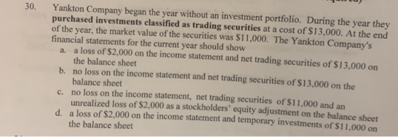 Yankton Company began the year without an investment portfolio. During the year they purchased investments classified as tr