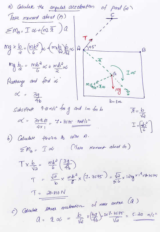 a) Calculate the angular acceleration of panel (o) Take moment about (A) Ema= I x + (m z ja ut C T mg x be more at he A 645 1