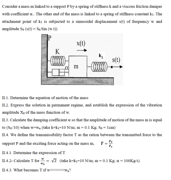 Consider a mass m linked to a support P by a spring of stiffness k and a viscous friction damper with coefficient a.. The oth