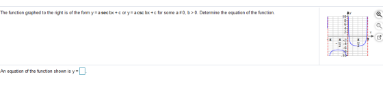 The function graphed to the right is of the form y=a sec bx + c or y= acsc bx +c for some a#0, b> 0. Determine the equation o