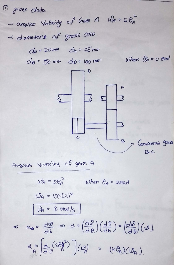 1 given data ~ angular Velocity of Geon A WAJ 202 -) diameterie of gears are dA=20mm do = 25 mm dB= 50 mm do= 100 mm when A=