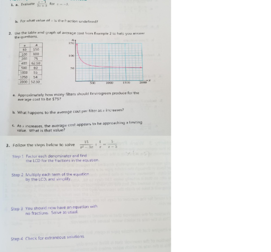 1. a. Evaluate -1 2 + 3 for = -3 b. For what value of z is the fraction undefined? 2. Use the table and graph of average cost