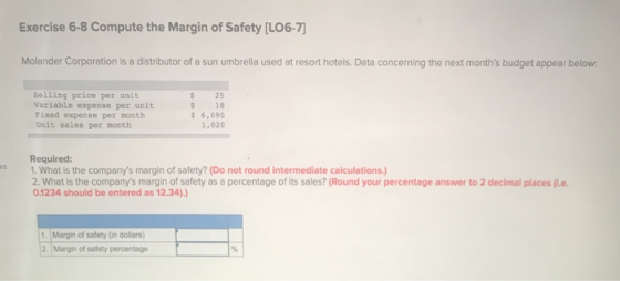 Exercise 6-8 Compute the Margin of Safety (L06-7) Molander Corporation is a distributor of a sun umbrella used at resort hote