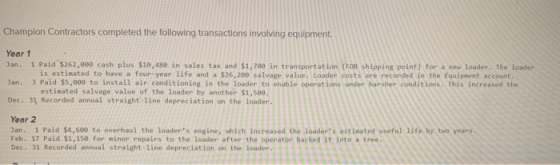 Champion Contractors completed the following transactions involving equipment. Year 1 Jan. 1 Paid $262,000 cash plus $10,480