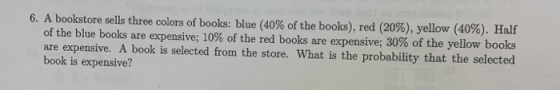 6. A bookstore sells three colors of books: blue (40% of the books), red (20%), yellow (40%). Half of the blue books are expensive; 10% of the red books are expensive, 30% of the yellow books are expensive. A book is selected from the store. What is the probability that the selected book is expensive?