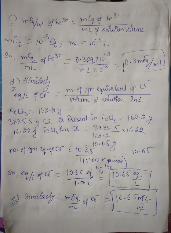 -3 m LX103 a eq/L of ce- - no. of gm equivalent of ce - mealm of fest - mEq of fe 3t . mL of solution volume mEq = 103 Eq, m2