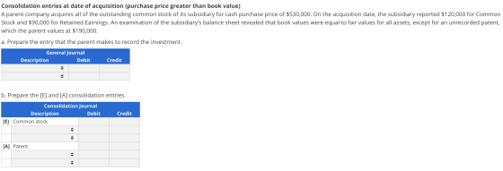 Consolidation entries at date of acquisition (purchase price greater than book value) A parent company acquires all of the ou