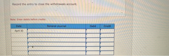 Record the entry to close the withdrawals account. Note: Enter debits before credits. Date General Journal Debit Credit April