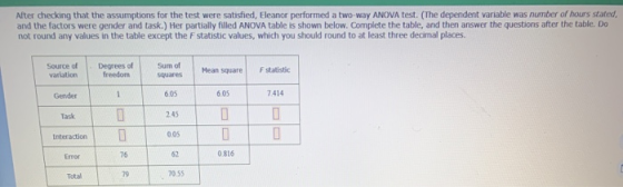 Alter checking that the assumptions for the test were satisfied, Eleanor performed a two-way ANOVA test. (The dependent varia