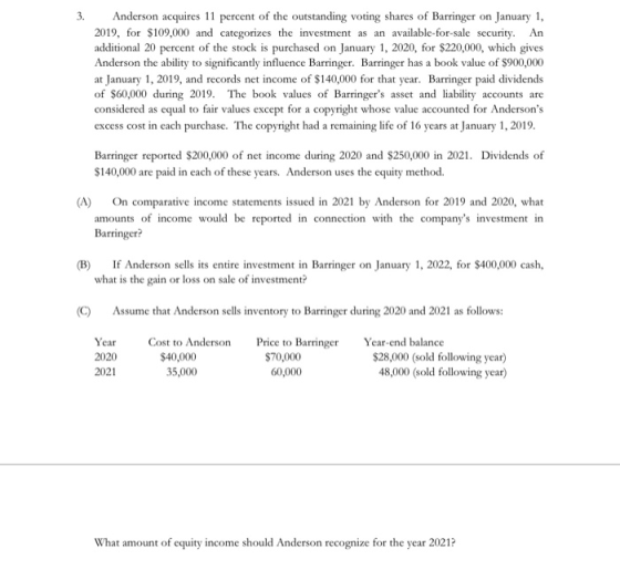 Anderson acquires 11 percent of the outstanding voting shares of Barringer on January 1, 2019, for $109,000 and categorizes t