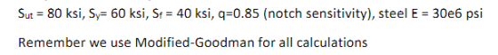 Sut = 80 ksi, Sy= 60 ksi, Si = 40 ksi, q=0.85 (notch sensitivity), steel E = 30e6 psi Remember we use Modified-Goodman for al