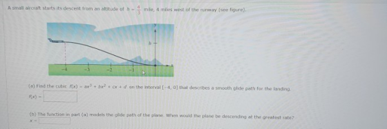 A small aircraft starts its descent from an altitude of mile, 4 miles west of the runway (see figure). 1 (a) Find the cubic f