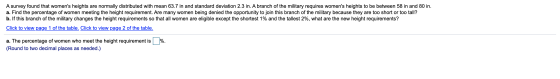 A survey found that womens heights are normally distributed with mean 63.7 in and standard deviation 2.3 in. A branch of the