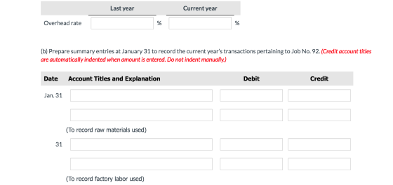 Last year Current year Overhead rate (b) Prepare summary entries at January 31 to record the current years transactions pert