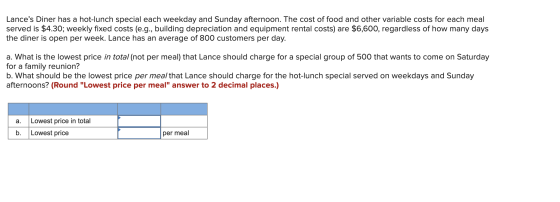 Lances Diner has a hot-lunch special each weekday and Sunday afternoon. The cost of food and other variable costs for each m