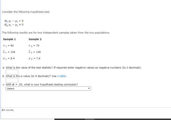 Consider the following hypothesis test. The following results are for two independent samples taken from the two populations.