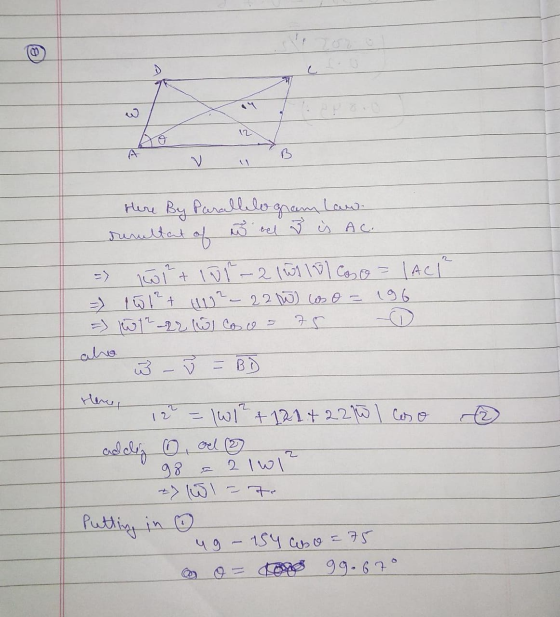 Here By Parallelogram Law durultant of strel 3 is AC. => Twit 10r-210110l costo = 1 AC/ = 1w 12+ uur - 2200) Les o = 196 =) w
