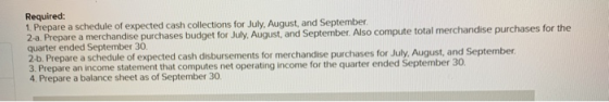 Required: 1. Prepare a schedule of expected cash collections for July August, and September 2-a. Prepare a merchandise purcha