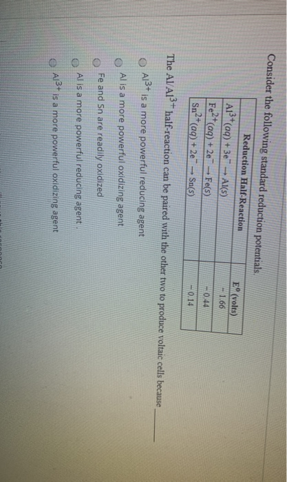 Consider the following standard reduction potentials Reduction Half-Reaction A1+ (aq) + 3e A1(s) Fe2+ (aq) + 2e-Fe(s) Sn2+ (a