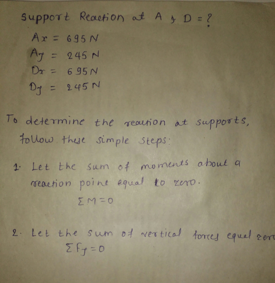 support Reath on at A D =? Ar= 635 N To determine the resuhon at supports, tollow thue simple steps Let the sum of moments ab