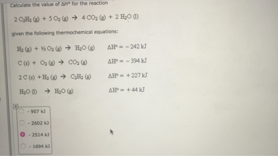 Calculate the value of AH° for the reaction 2 C2H2 () + 502 () 4002) + 2 H20 (1) given the following thermochemical equations