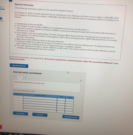 Required information The following information applies to the questions displayed below) On October 31, 2021, the bank statem
