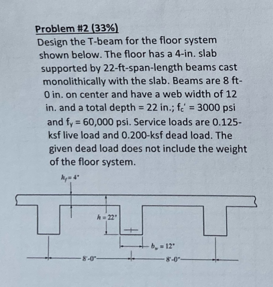 Problem #2 (33%) Design the T-beam for the floor system shown below. The floor has a 4-in. slab suspoted by 22-ft-span-length