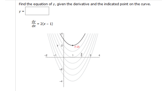 Find the equation of y, given the derivative and the indicated point on the curve. oy = 2(x - 1)