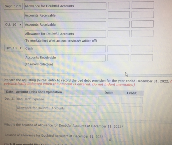 Sept. 12 Allowance for Doubtful Accounts Accounts Receivable Accounts Receivable Allowance for Doubtful Accounts (To reinstat