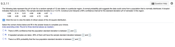 9.3.11 :3 Question Help The following data represent the pH of rain for a random sample of 12 rain dates in a particular regi