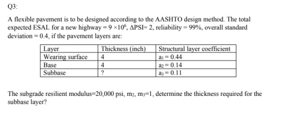 Q3: A flexible pavement is to be designed according to the AASHTO design method. The total expected ESAL for a new highway =