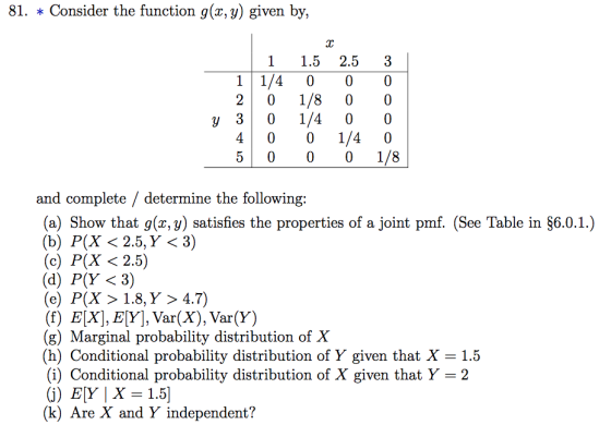 81. Consider the function g(x, y) given by, 1 1.52.53 11/4 0 0 0 2 0 1/8 0 0 y 3 0 1/4 0 0 4 0 0 1/4 0 5 00 0 1/8 and complete / determine the following: (a) Show that g(x, y) satisfies the properties of a joint pmf. (See Table in ?6.0.1.) (b) P(X < 2.5,Y < 3) (c) P(X < 2.5) (d) P(Y < 3) (e) P(X> 1.8, Y> 4.7) (f) E[X], EY], Var(X), Var(Y) (g) Marginal probability distribution of X (h) Conditional probability distribution of Y given that X - 1.5 (i) Conditional probability distribution of X given that Y -2 (G) EY |X -1.5] (k) Are X and Y independent?