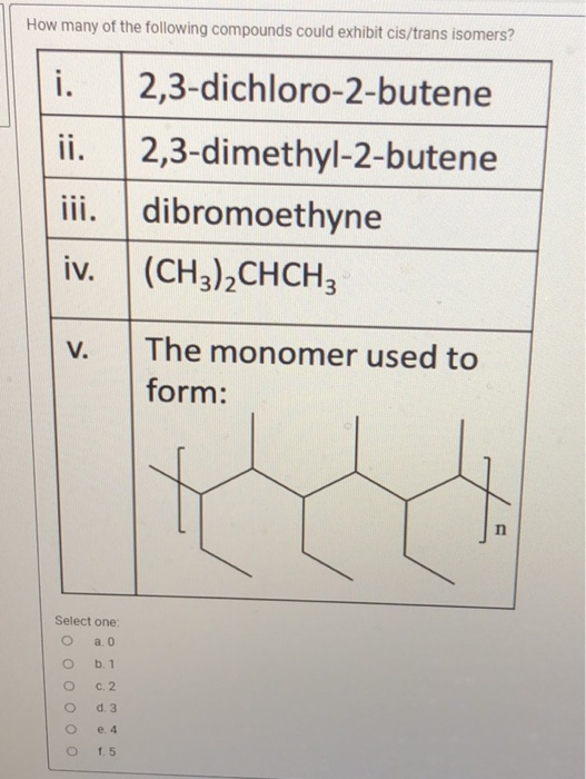 How many of the following compounds could exhibit cis/trans isomers? i. 2,3-dichloro-2-butene ii. 2,3-dimethyl-2-butene iii.
