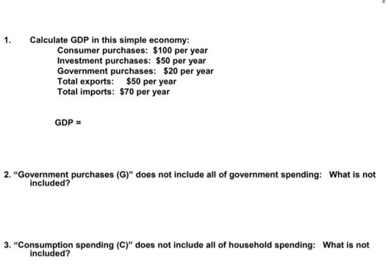 1. Calculate GDP in this simple economy: Consumer purchases: $100 per year Investment purchases: $50 per year Government purc