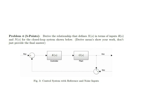 Problem 4 (5-Points): Derive the relationship that defines X(s) in terms of inputs R(s) and N(s) for the closed-loop system s