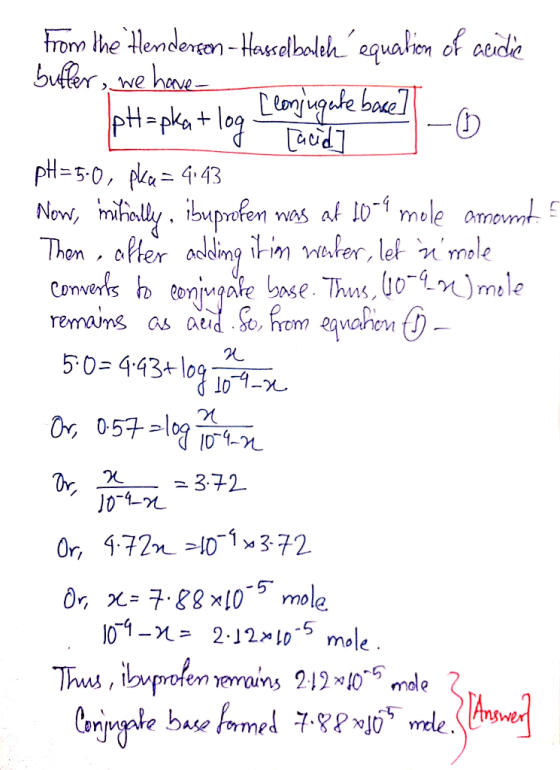 from the Henderson - Hasselboleh equation of acidie buffer, we have . [conjugute base pH=pka+log 7 Lacid] pH= 5.0, pką= 9.43