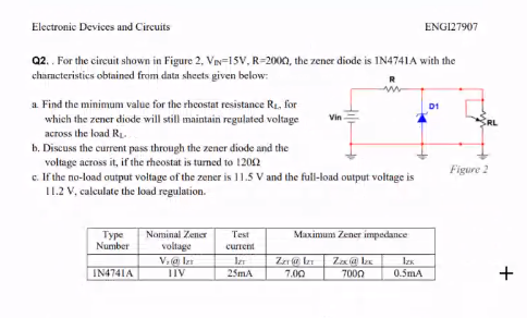 Electronic Devices and Circuits ENGI27907 01 Q2. For the circuit shown in Figure 2, Vi=15V, R-2000, the zener diode is 1N4741
