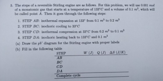 5. The steps of a reversible Stirling engine are as follows. For this problem, we will use 0.001 mol of a monatomic gas that starts at a temperature of 133°C and a volume of 0.1 m3, which will be called point A. Then it goes through the following steps: 1. STEP AB: isothermal expansion at 133o from 0.1 m3 to 0.2 m3 2. STEP BC: isochoric cooling to 33°C 3. STEP CD: isothermal compression at 33°C from 0.2 m3 to 0.1 m3 4. STEP DA: isochoric heating back to 133°C and 0.1 m3 (a) Draw the pV diagram for the Stirling engine with proper labels (b) Fill in the following table STEP W (J) Q (J) AS (J/K) AB BC CD DA Complete cycle