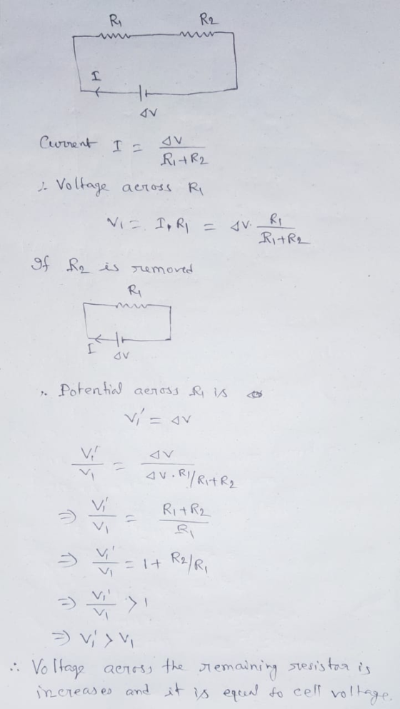 R R2 1 Current I = RIHR2 s. Voltage across R Vic. I Ri = Ri RITRL If he is removed R I SV Potential across this Vi= V, AV.R/R