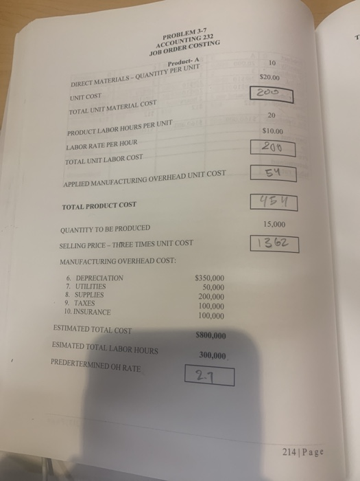 PROBLEM 3-7 ACCOUNTING 232 JOB ORDER COSTING Product- DIRECT MATERIALS - QUANTITY PER UNIT $20.00 200 UNIT COST TOTAL UNIT MA