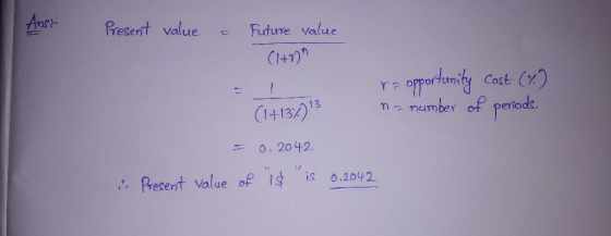 Anst Present value = Future value (1+r) ra opportunity Cost (7) a number of periods. (1413273 = 0.2042 Present value of is is