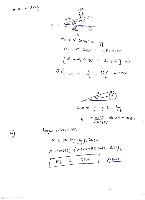 ma 0.2619 N2 + N, Cos 30º = my Nat N Cool g.sx0.26 [N2 + N, 630 2. 548] and rade 12.5 2 = 8.75cm n 1150 tao = r i =) na r tao